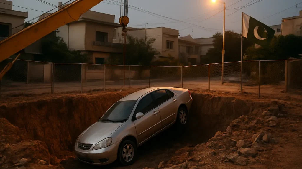 Woman, three children hurt as car falls into Karachi pit